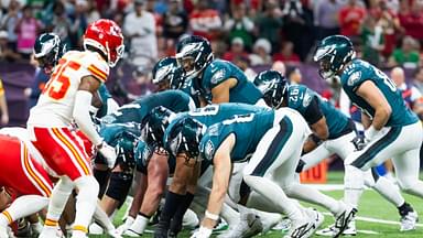Philadelphia Eagles quarterback Jalen Hurts (1) lines up for the tush push play on the goal line against the Kansas City Chiefs during Super Bowl LIX at Ceasars Superdome.