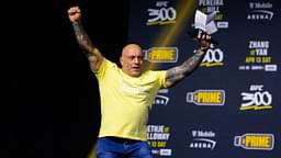 UFC announcer Joe Rogan reacts during ceremonial weigh ins for UFC 300 at MGM Grand Garden Arena.