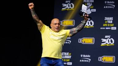 UFC announcer Joe Rogan reacts during ceremonial weigh ins for UFC 300 at MGM Grand Garden Arena.