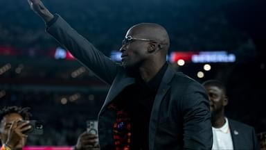 Chad Johnson waives after being announced as as being a Bengals Ring of Champions inductee at halftime of the NFL game between the Cincinnati Bengals and Los Angeles Rams at Paycor Stadium.