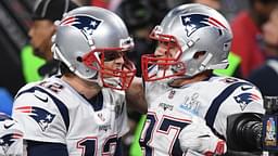 Feb 4, 2018; Minneapolis, MN, USA; New England Patriots tight end Rob Gronkowski (87) celebrates with Patriots quarterback Tom Brady (12) after scoring a touchdown against the Philadelphia Eagles during the fourth quarter in Super Bowl LII at U.S. Bank Stadium.