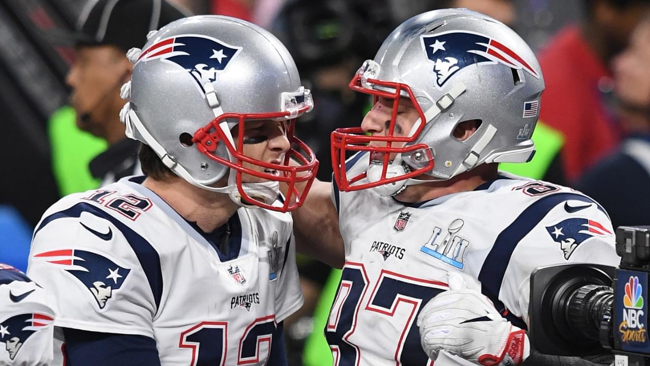 Feb 4, 2018; Minneapolis, MN, USA; New England Patriots tight end Rob Gronkowski (87) celebrates with Patriots quarterback Tom Brady (12) after scoring a touchdown against the Philadelphia Eagles during the fourth quarter in Super Bowl LII at U.S. Bank Stadium.