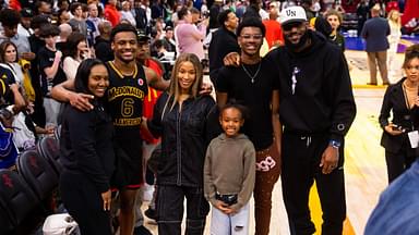 West guard Bronny James (6) poses for a family photo with grandmother Gloria Marie James, mother Savannah James , brother Bryce Maximus James, sister Zhuri Nova James and father LeBron James following the McDonald's All American Boy's high school basketball game at Toyota Center.