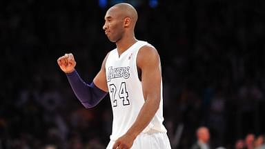 Los Angeles Lakers shooting guard Kobe Bryant (24) celebrates the 100-94 victory against the New York Knicks at Staples Center.