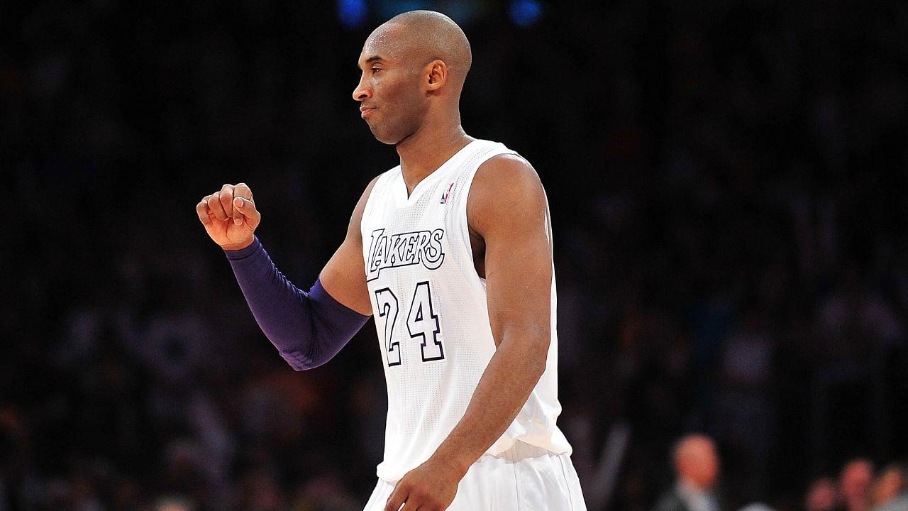 Los Angeles Lakers shooting guard Kobe Bryant (24) celebrates the 100-94 victory against the New York Knicks at Staples Center.