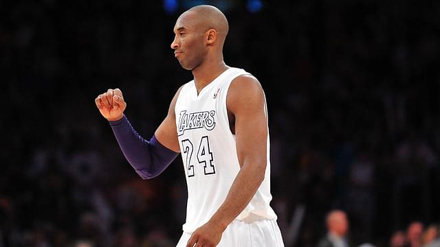 Los Angeles Lakers shooting guard Kobe Bryant (24) celebrates the 100-94 victory against the New York Knicks at Staples Center.