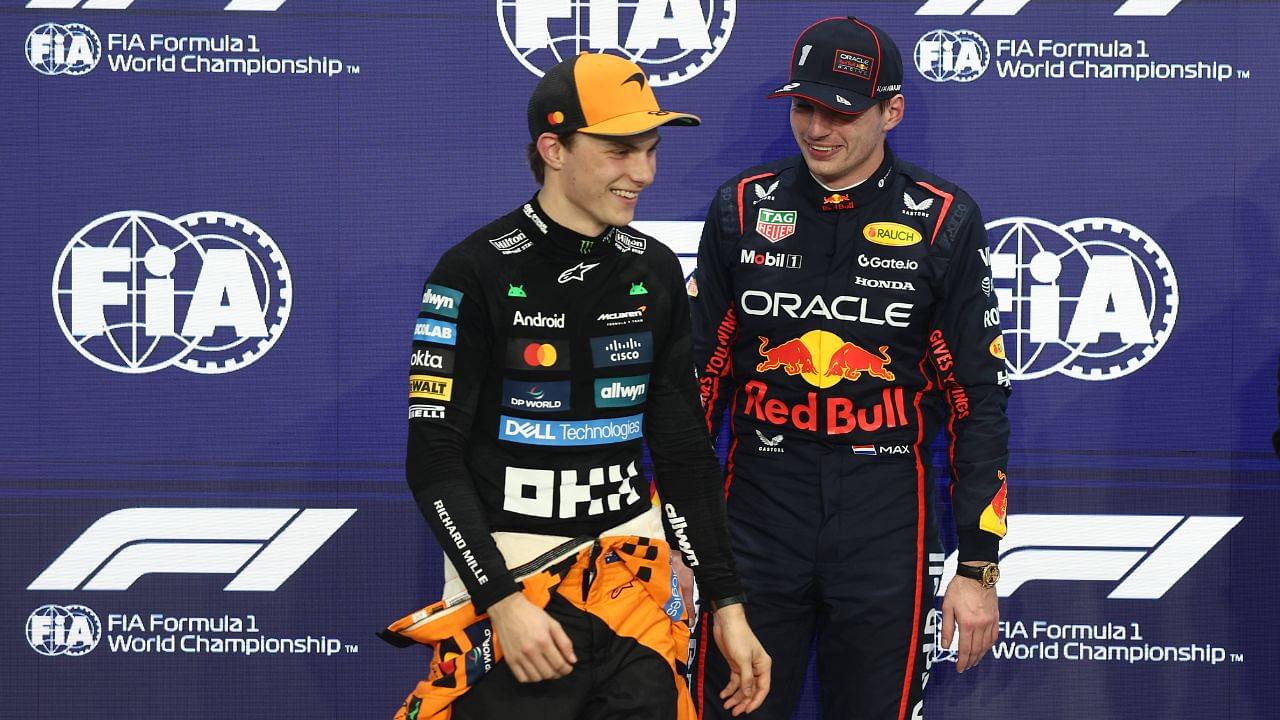 Oscar Piastri of McLaren and Max Verstappen of Red Bull Racing after qualifying ahead of the Formula 1 Saudi Arabian Grand Prix at Jeddah Corniche Circuit in Jeddah, Saudi Arabia on April 19, 2025