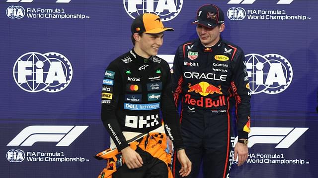 Oscar Piastri of McLaren and Max Verstappen of Red Bull Racing after qualifying ahead of the Formula 1 Saudi Arabian Grand Prix at Jeddah Corniche Circuit in Jeddah, Saudi Arabia on April 19, 2025