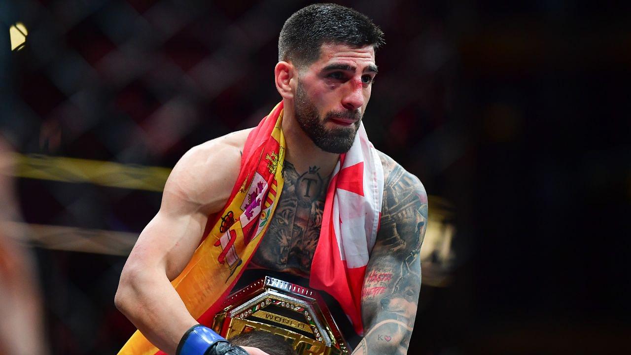 Ilia Topuria celebrates his championship victory against Alexander Volkanovski during UFC 298 at Honda Center.