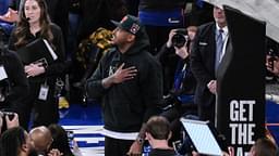 Former New York Knicks great Carmelo Anthony looks on during a video tribute in his honor during the first half against the Boston Celtics at Madison Square Garden.