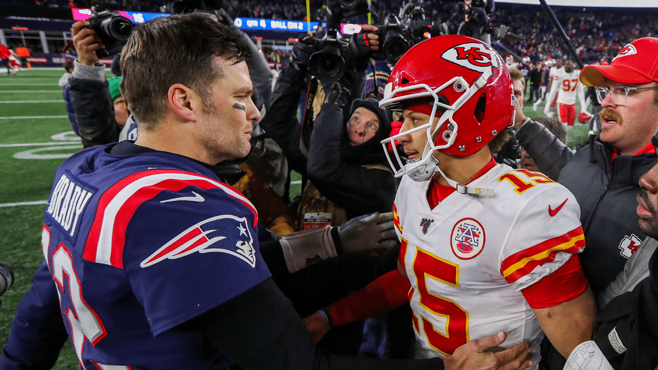 New England Patriots quarterback Tom Brady (12) and Kansas City Chiefs quarterback Patrick Mahomes