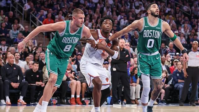 Kristaps Porzingis, OG Anunoby, Jayson Tatum, Celtics v Knicks