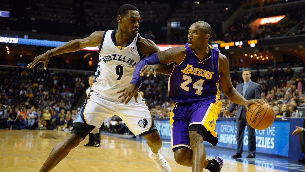 Memphis Grizzlies shooting guard Tony Allen (9) guards Los Angeles Lakers shooting guard Kobe Bryant (24) during the fourth quarter at FedExForum. Los Angeles Lakers defeat the Memphis Grizzlies 96-92
