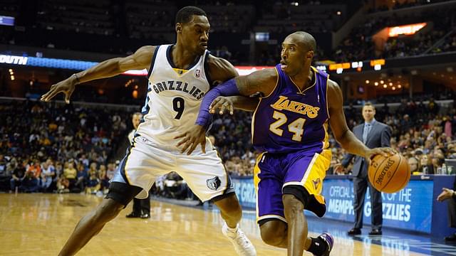 Memphis Grizzlies shooting guard Tony Allen (9) guards Los Angeles Lakers shooting guard Kobe Bryant (24) during the fourth quarter at FedExForum. Los Angeles Lakers defeat the Memphis Grizzlies 96-92