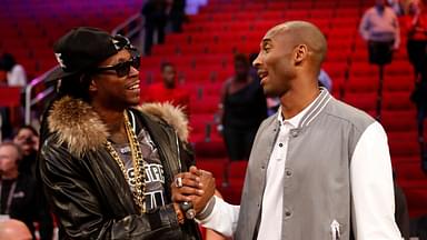 Feb 16, 2013; Houston, TX, USA; Recording artist 2 Chainz (left) greets Los Angeles Lakers player Kobe Bryant after the 2013 NBA all star slam dunk contest at the Toyota Center. Mandatory Credit: Brett Davis-Imagn Images