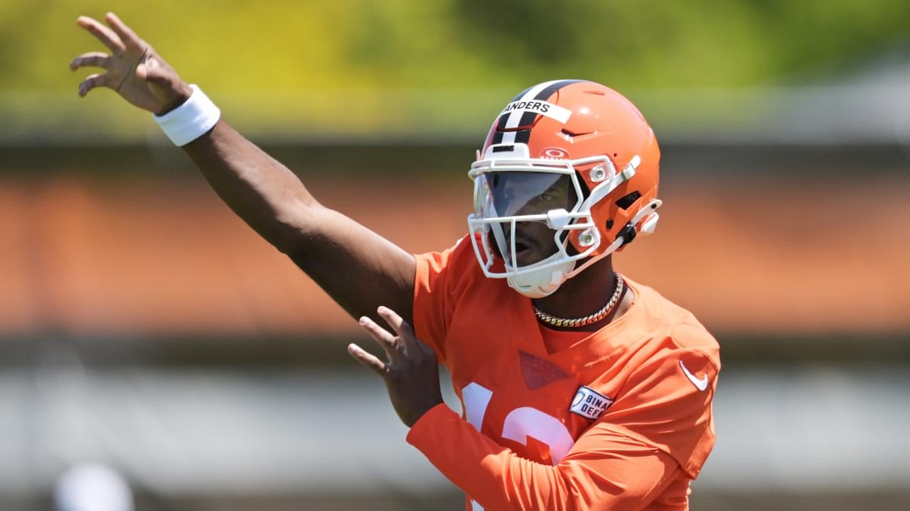 Cleveland Browns quarterback Shedeur Sanders (12) throws a pass during rookie minicamp at CrossCountry Mortgage Campus.