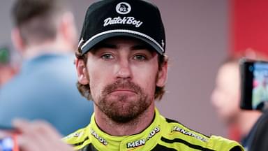 NASCAR Cup Series driver Ryan Blaney (12) talks with media at Darlington Raceway.