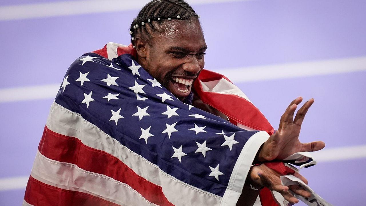 Noah Lyles (USA) celebrates after winning the men’s 100m final during the Paris 2024 Olympic Summer Games at Stade de France in Saint-Denis, France, Sunday, Aug. 4, 2024.