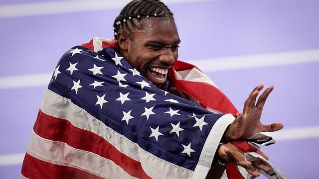 Noah Lyles (USA) celebrates after winning the men’s 100m final during the Paris 2024 Olympic Summer Games at Stade de France in Saint-Denis, France, Sunday, Aug. 4, 2024.