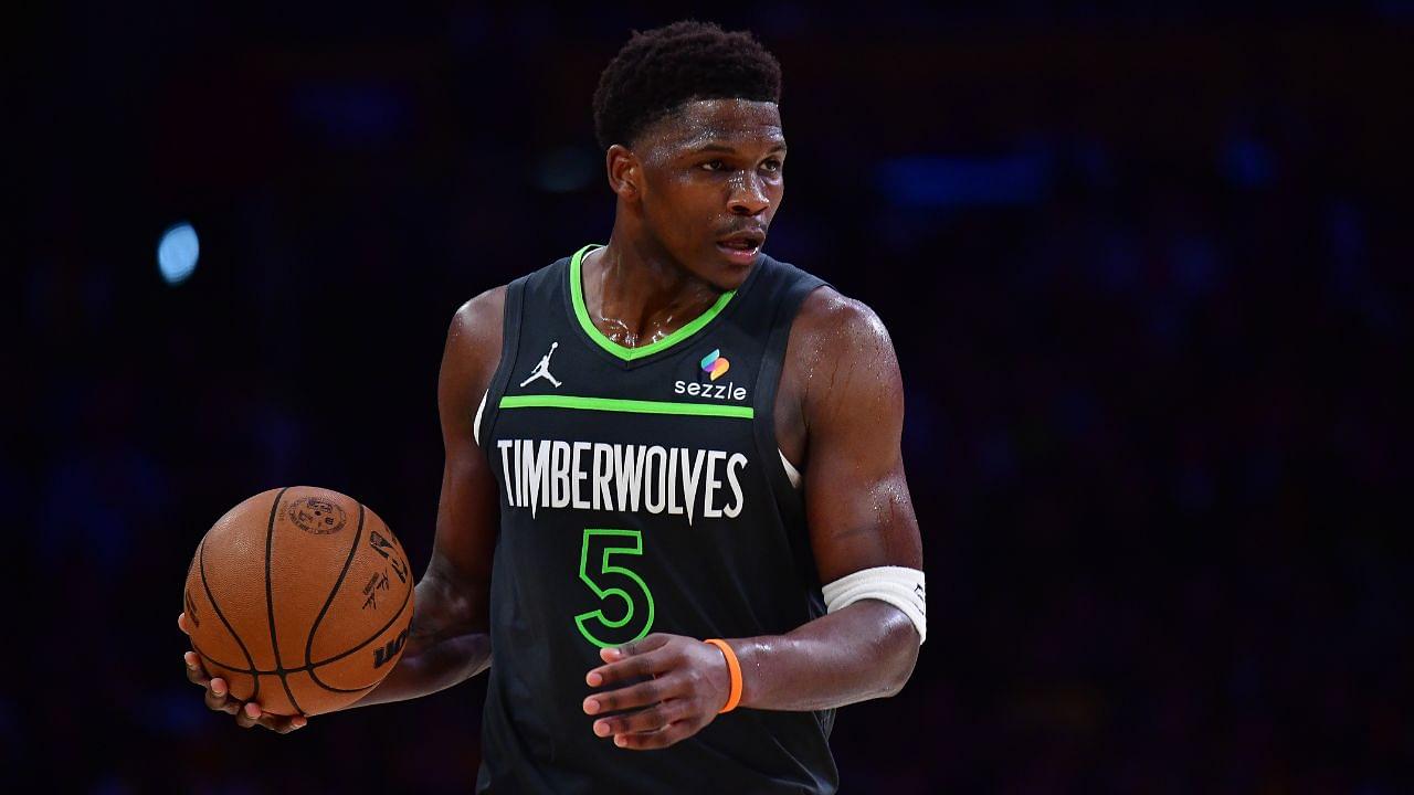 Minnesota Timberwolves guard Anthony Edwards (5) moves the ball against the Los Angeles Lakers during the second half in game five of first round for the 2025 NBA Playoffs at Crypto.com Arena.