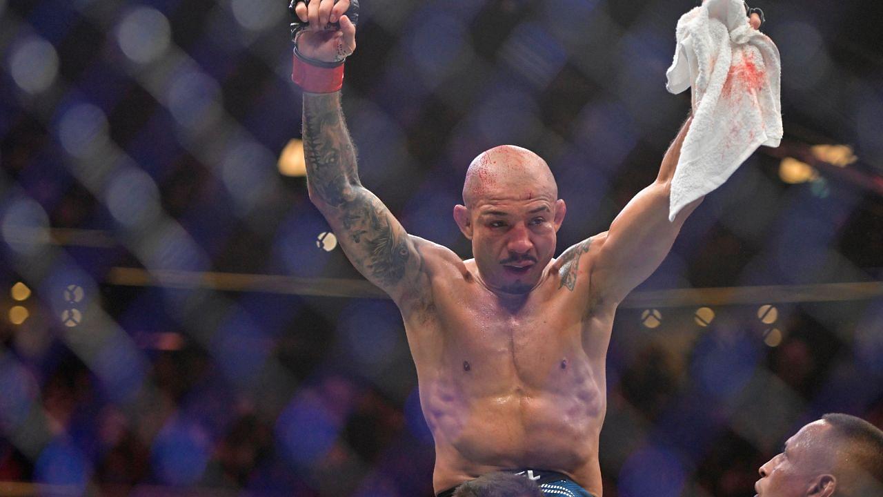 May 10, 2025; Montreal, Quebec, CANADA; Jose Aldo (red gloves) reacts after a fight with Aiemann Zahabi (not pictured) during UFC 315 at Bell Centre.