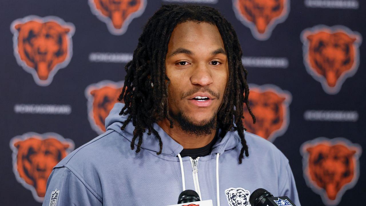 Chicago Bears wide receiver Luther Burden III speaks during the Rookie Minicamp at Halas Hall.