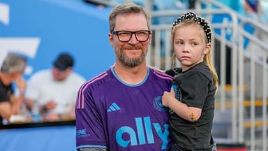 Coronation guest Dale Earnhardt Jr. with his daughter Isla Rose during pregame warm ups between the Charlotte FC and the Colorado Rapids at Bank of America Stadium.