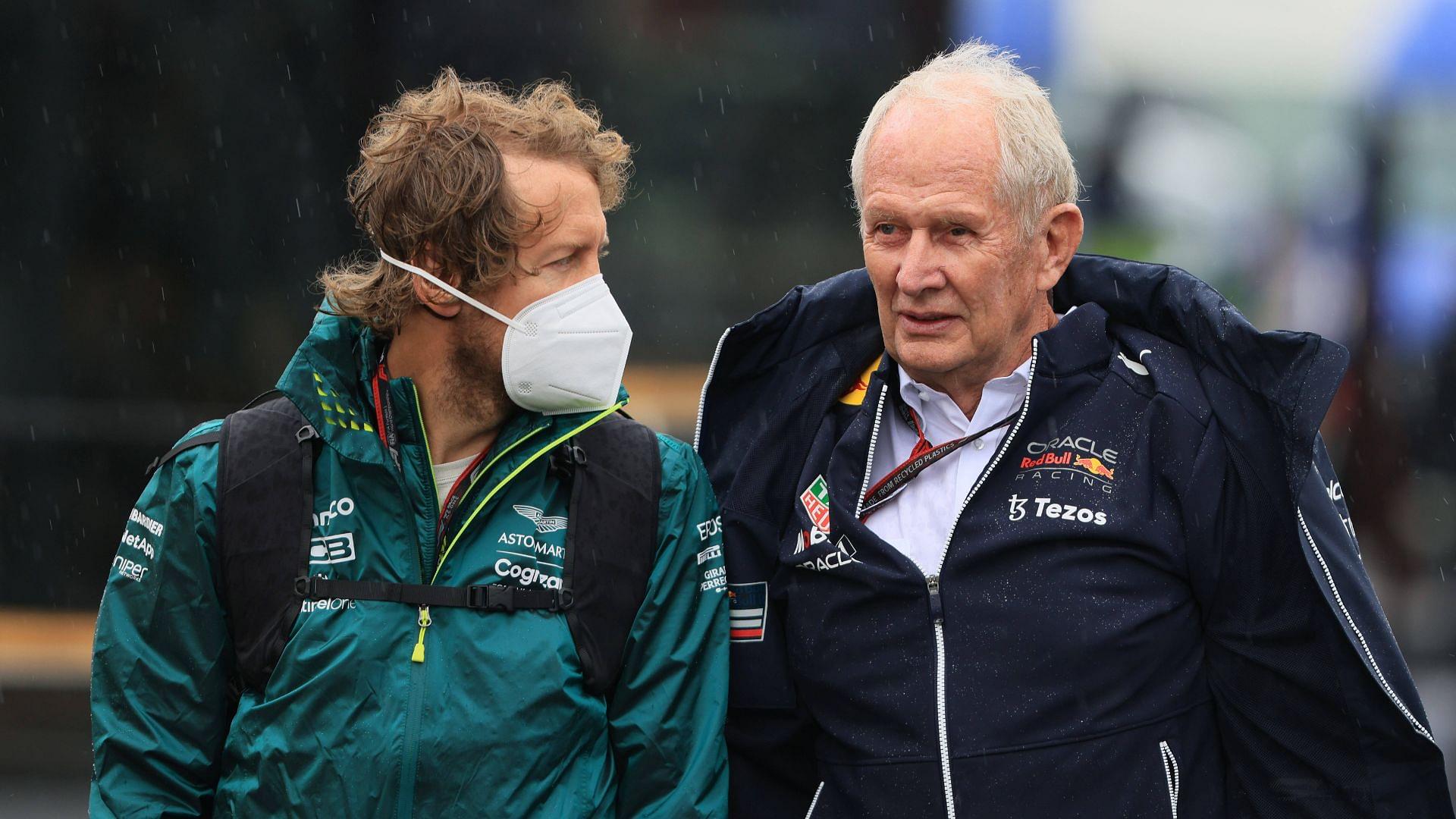 22nd April 2022, Imola, Emilia Romagna, Italy. F1 Grand Prix of Italy, Free practice sessions: Aston Martin Aramco Cognizant F1 Team, Sebastian Vettel talks with Helmut Marko