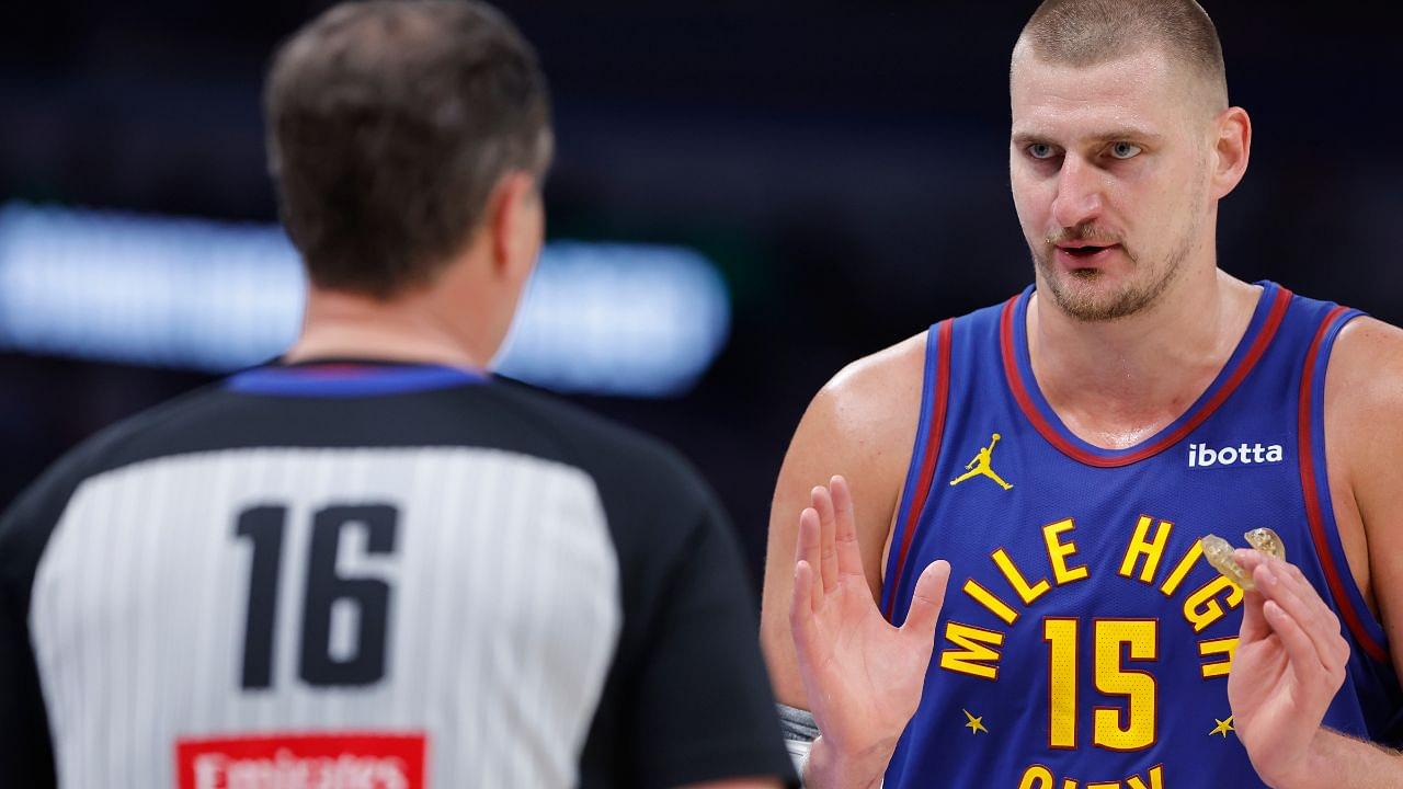Denver Nuggets center Nikola Jokic (15) talks to an official after a play against the Oklahoma City Thunder during the second half of game five of the second round for the 2025 NBA Playoffs at Paycom Center