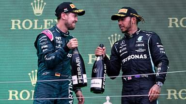 VETTEL Sebastian F1 Team Aston Martin 2. Platz bei der Siegerehrung mit HAMILTON Lewis F1 Saison 2021 GP von Ungarn am 01. August 2021 in Budapest *** VETTEL Sebastian F1 Team Aston Martin 2 pla