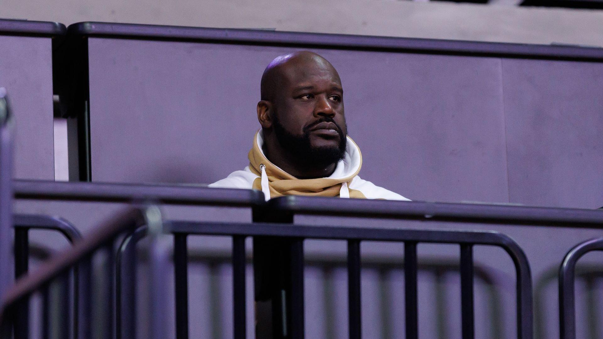 Jan 19, 2025; Gainesville, Florida, USA; Former NBA player Shaquille O'Neal sits courtside during the first half between the Florida Gators and the LSU Tigers at Exactech Arena at the Stephen C. O'Connell Center