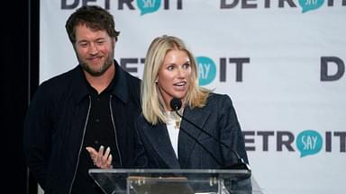 Matthew Stafford and Kelly Stafford make remarks before the ribbon cutting for the Kelly and Matthew Stafford and Friends Education Center at the S.A.Y Detroit Play Center in Detroit on Monday, April 1, 2024