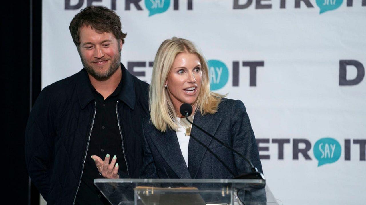 Matthew Stafford and Kelly Stafford make remarks before the ribbon cutting for the Kelly and Matthew Stafford and Friends Education Center at the S.A.Y Detroit Play Center in Detroit on Monday, April 1, 2024
