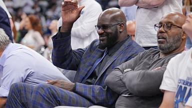 Shaquille O'Neal looks on in the first half between the Minnesota Timberwolves and the Dallas Mavericks during game two of the western conference finals for the 2024 NBA playoffs at Target Center.