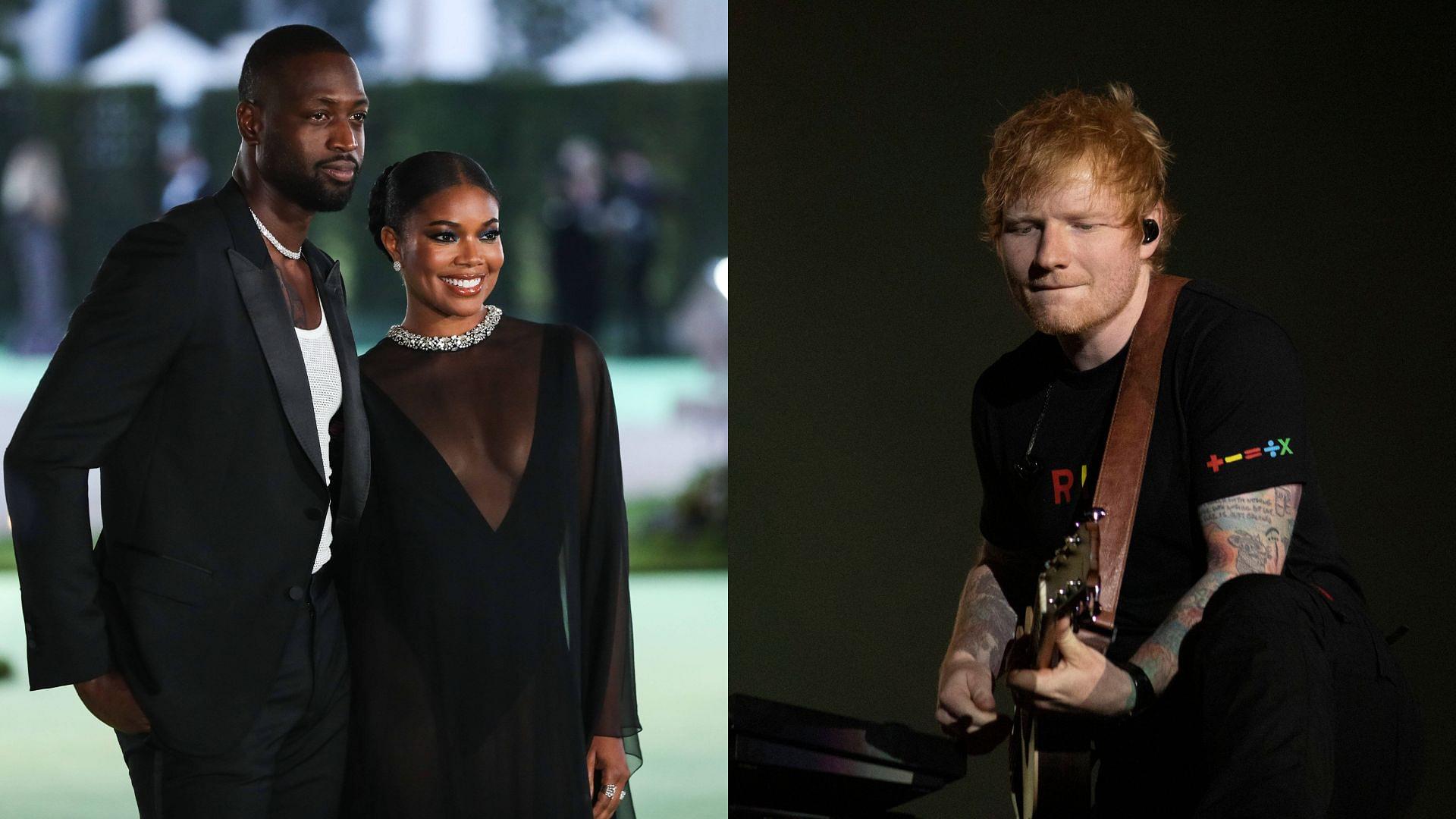 Dwayne Wade, Gabrielle Union (L) and Ed Sheeran (R)
