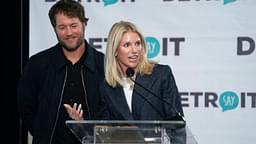 Matthew and Kelly Stafford make remarks before the ribbon cutting for the Kelly and Matthew Stafford and Friends Education Center at the S.A.Y Detroit Play Center in Detroit on Monday, April 1, 2024.