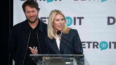 Matthew and Kelly Stafford make remarks before the ribbon cutting for the Kelly and Matthew Stafford and Friends Education Center at the S.A.Y Detroit Play Center in Detroit on Monday, April 1, 2024.