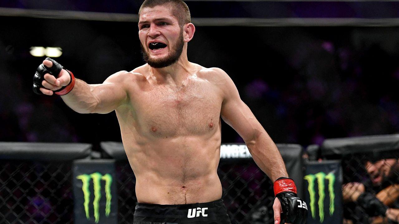 ; Khabib Nurmagomedov (red gloves) reacts after his fight against Conor McGregor (blue gloves) during UFC 229 at T-Mobile Arena.