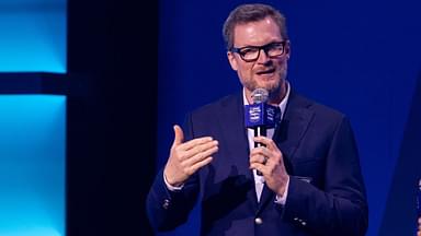 Former driver Dale Earnhardt Jr. talks about his future during the 2025 NASCAR Hall Of Fame inductions at Charlotte Convention Center Crown Ballroom.