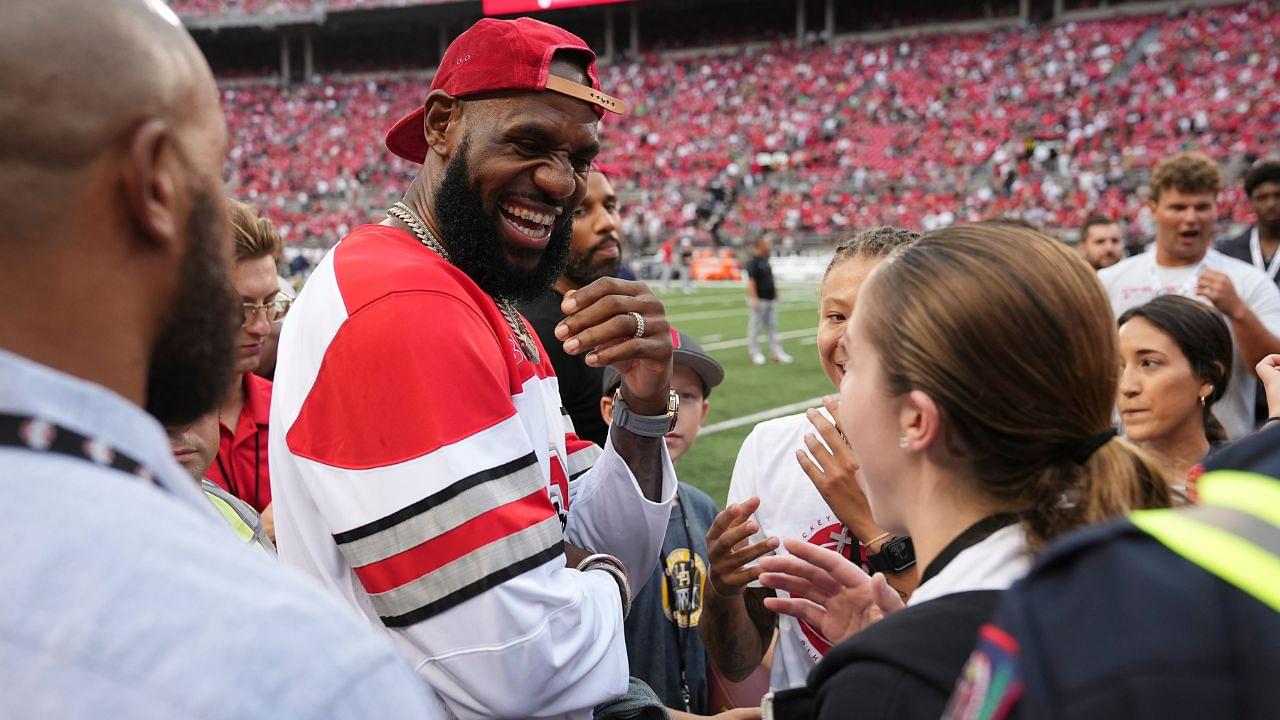 LeBron James talks to fans prior to the NCAA football game between the Ohio State Buckeyes and Notre Dame Fighting Irish at Ohio Stadium.