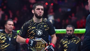 ; Islam Makhachev (red gloves) reacts after defeating Renato Moicano (not pictured) in a lightweight title fight during UFC 311 at Intuit Dome.
