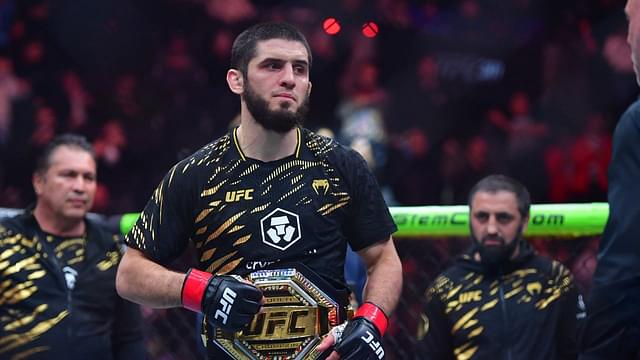 ; Islam Makhachev (red gloves) reacts after defeating Renato Moicano (not pictured) in a lightweight title fight during UFC 311 at Intuit Dome.