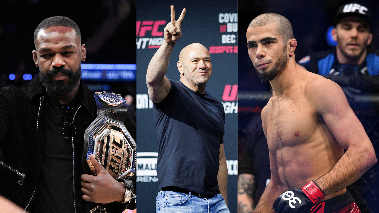 Jon Jones (L), Dana White (C) and Muhammad Mokaev (R)