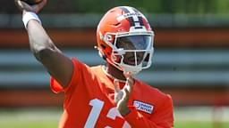 Cleveland Browns quarterback Shedeur Sanders (12) throws during day two of NFL rookie minicamp at the Cleveland Browns training facility on Saturday, May 10, 2025, in Berea, Ohio.