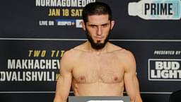 Islam Makhachev steps on the scale for the official weigh-in at Intercontinental Downtown Los Angeles for UFC311 Makhachev vs Tsarukyan 2