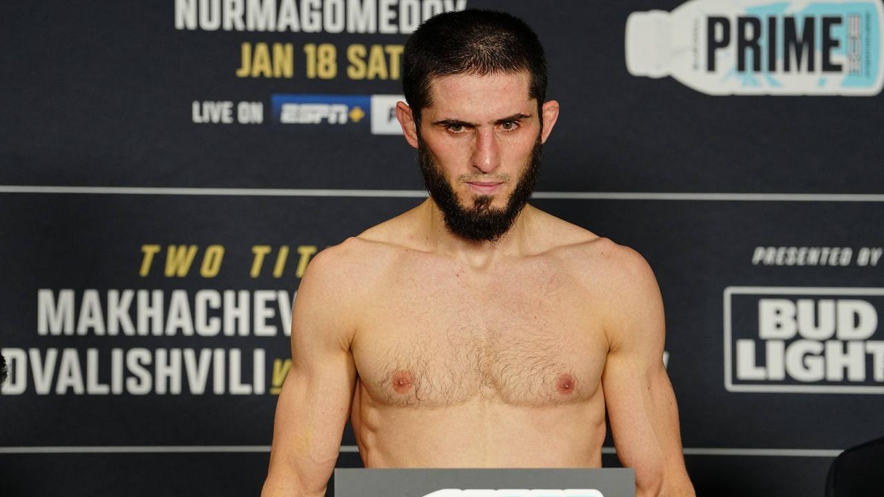 Islam Makhachev steps on the scale for the official weigh-in at Intercontinental Downtown Los Angeles for UFC311 Makhachev vs Tsarukyan 2