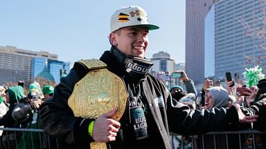 Philadelphia Eagles cornerback Cooper DeJean (33) celebrates during the Super Bowl LIX championship parade and rally.