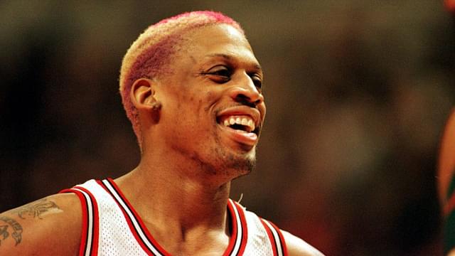 Bulls-Forward Dennis Rodman lachend, Lachen, Spaß, Humor, fun Basketball Herren NBA, Saison 1996 97: Chicago Bulls - Seattle Supersonics