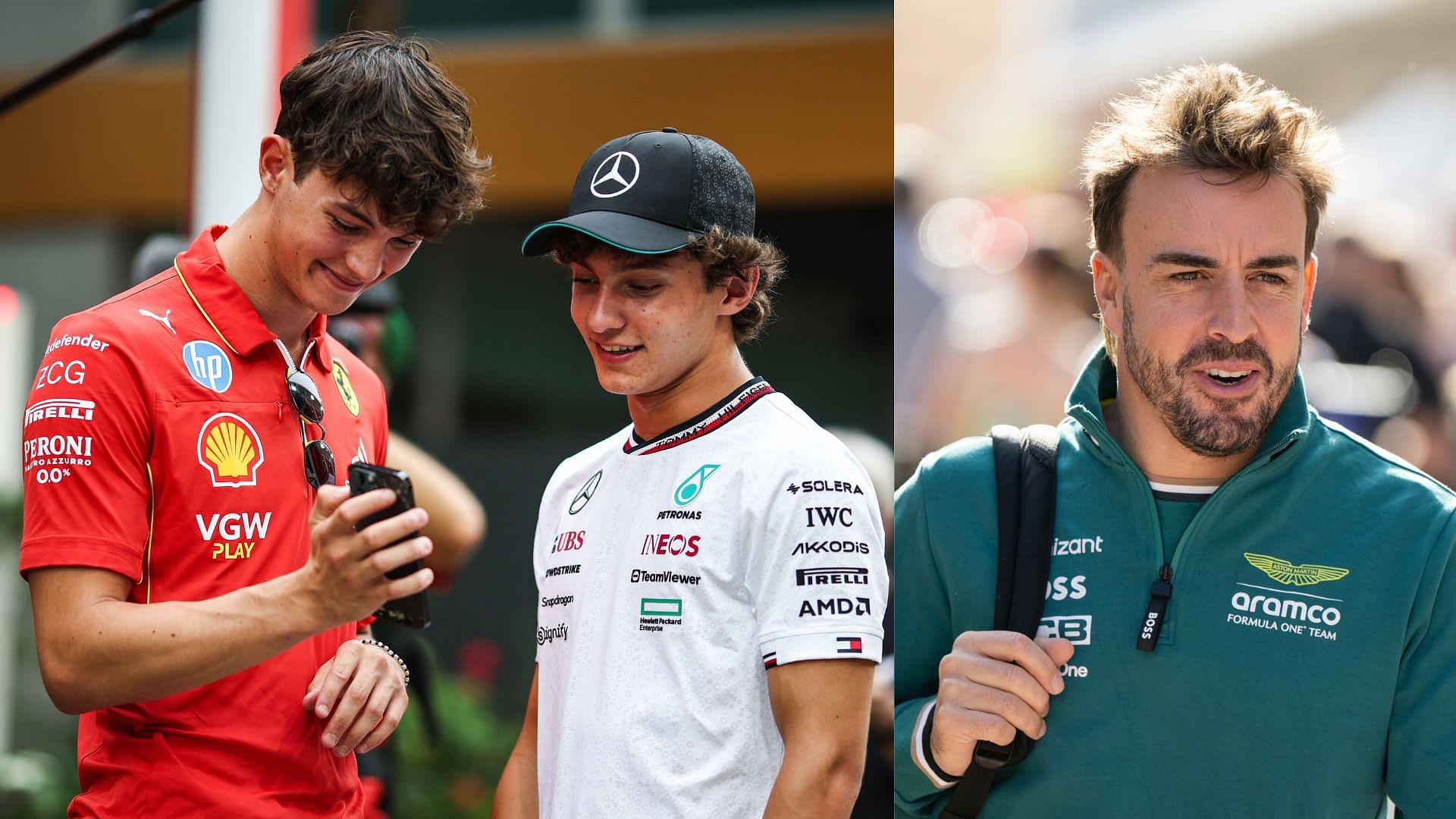 Oliver Bearman, Kimi Antonelli (L) and Fernando Alonso (R)