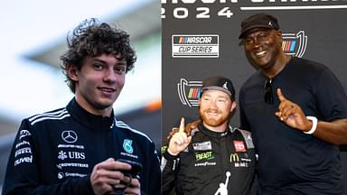 Kimi Antonelli (L) and Michael Jordan with his NASCAR team driver Tyler Reddick (R)